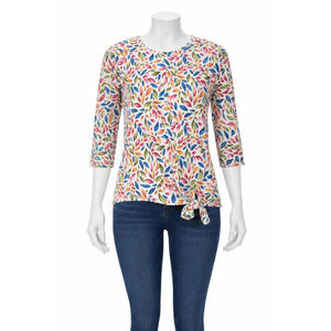 Emily Daniels Leaf Print Top Sz L Side Knot Hem Stretch Blouse